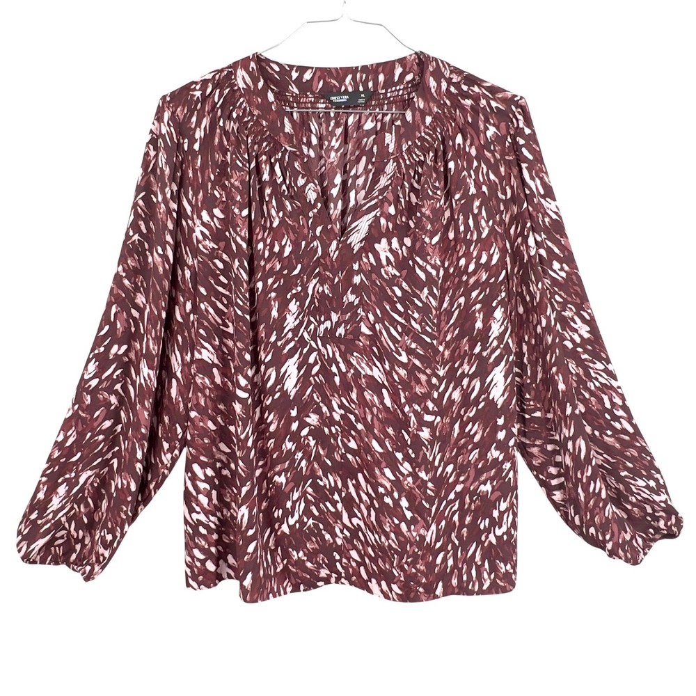 Simply Vera Wang Womens Blouse Burgundy Abstract Smocked Split Neck Tunic XL